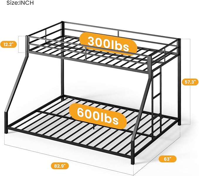 Metal Twin XL Over Queen Bunk Bed for Teens and Adults, Space-Saving/Noise Reduced/No Box Spring Needed, Black