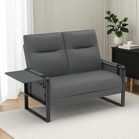 Faux Leather Loveseat, Upholstered Loveseat with Side Tray Table & Storage Pocket, Small Loveseat for Living Room, Modern 2 Seater Sofa Couch for Small Spaces, Bedroom, Gray