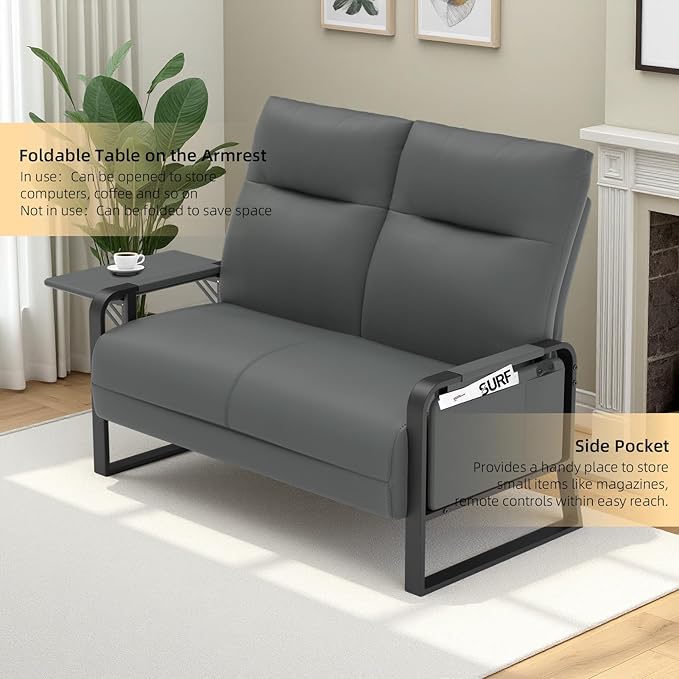 Faux Leather Loveseat Couch for Living Room Bedroom Office, Small Sofa 2 Seater Couch with Flip Up Tray Table Side Pockets Leather Loveseats, Gray