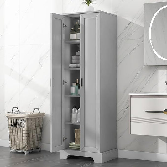 Tall Freestanding Storage Cabinet, Multi-Purpose Floor Organizer with 2 Doors & 5 Adjustable Shelves for Bathroom, Office, Living Room, Grey