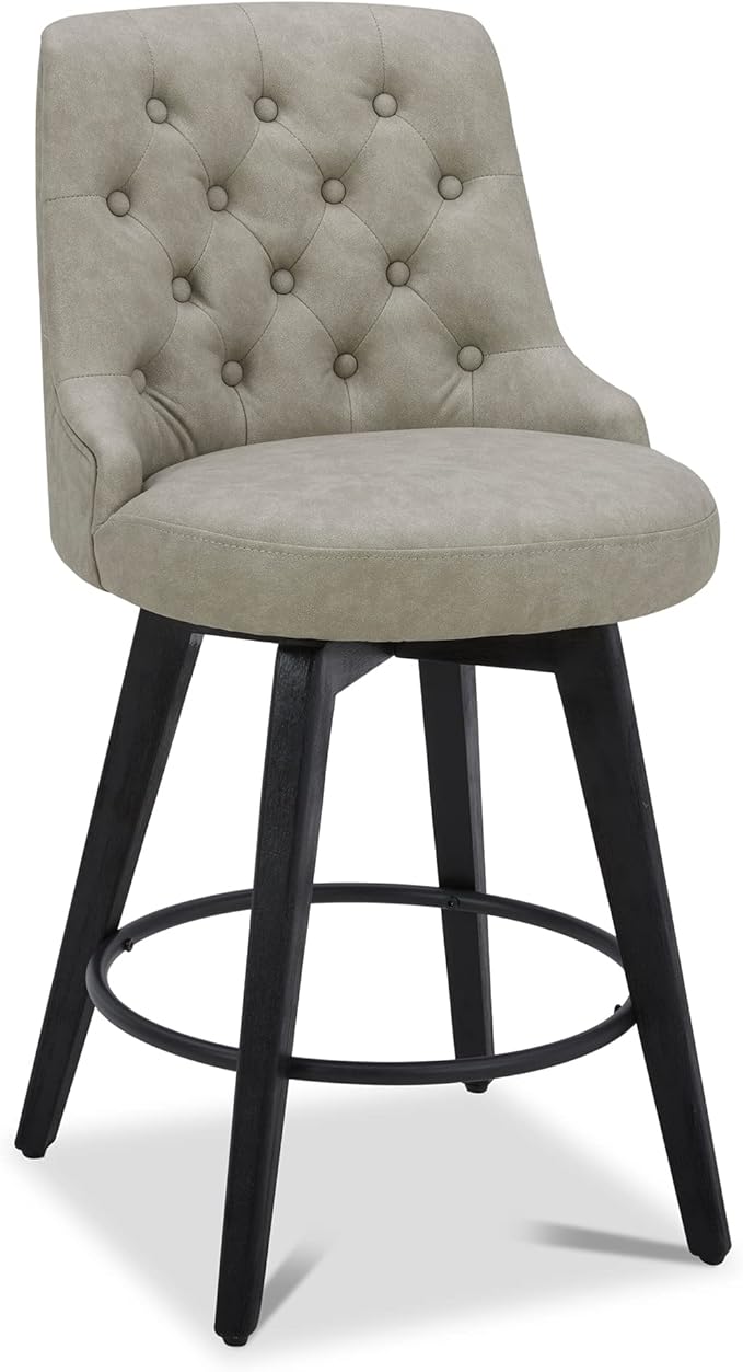 Watson & Whitely Counter Height Bar Stools, Faux Leather Upholstered Modern Swivel Barstool with Back, Solid Wood Legs, 26" H Seat, Stone Grey