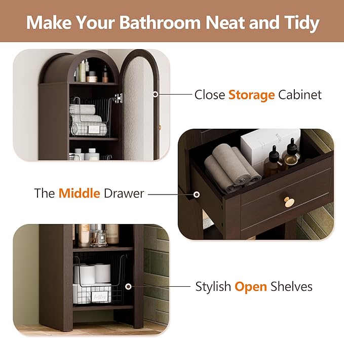 70" Tall Bathroom Storage Cabinet with Acrylic Door，Narrow Storage Cabinet with Drawer Adjustable Shelves, Modern Arched Design Bathroom Cabinet for Bathroom, Living Room, Kitchen, Espresso