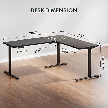 SANODESK Electric Corner L-Shaped 71 x 63 in Standing Desk, Memory Height Adjustment, Black Top Black Frame