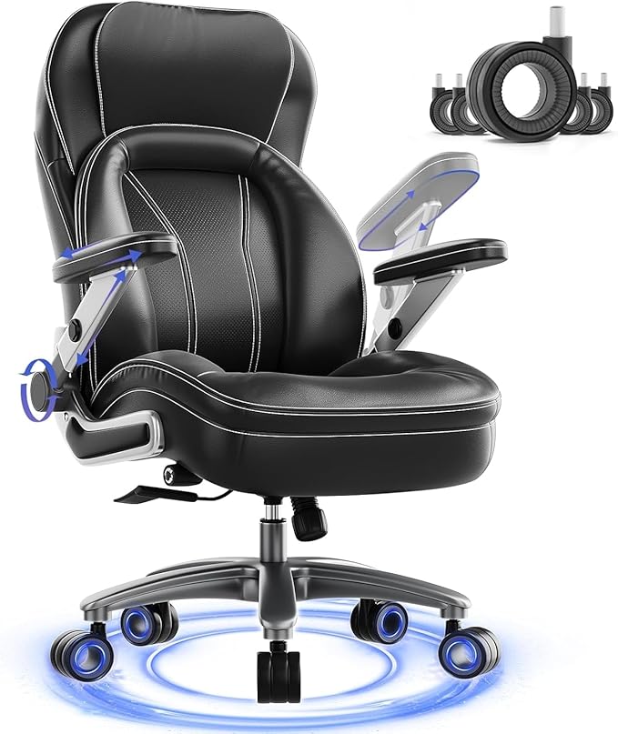 Big and Tall Office Chair, 600lbs Heavy Duty Desk Chair with 5D Arms, Adjustable Lumbar Support & Height, Tilt Function, PU Leather High Back Ergonomic Executive Computer Chair with 3'' Silent Casters