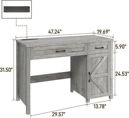 Farmhouse 47" Executive Desk, Computer Desk with Drawers and Storage Cabinet, Workstation Computer Desk for Home Office and Study(Grey