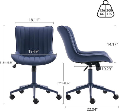 YOUNIKE Armless Home Office Desk Chair with Wheels Compact Comfy Vanity Chair with Adjustable Back Modern Small Leather Upholstered Rolling Swivel Cute Copmuter Task Chair No Arms Ergonomic Navy Blue