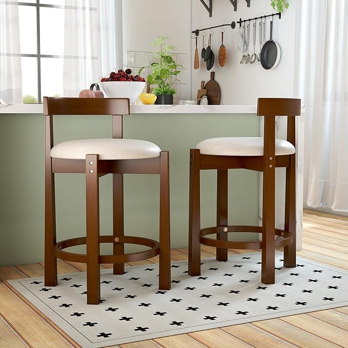 COSTWAY 24'' Counter Height Bar Stools Set of 4, Linen Upholstered Bar Chairs with Backrests and Footrests, Wood High Barstools for Kitchen Island and Dining Room (Walnut)