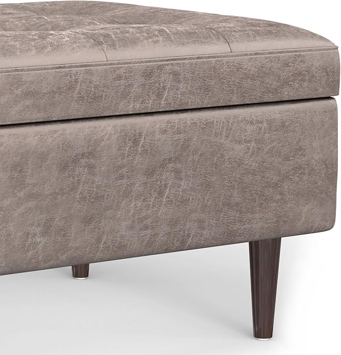 SIMPLIHOME Shay 34 inch Wide Mid Century Modern Small Rectangle Coffee Table Storage Ottoman in Distressed Grey Taupe Vegan Faux Leather, Assembled, for The Living Room and Entryway