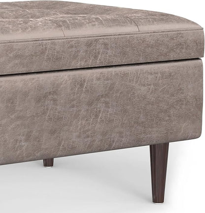 SIMPLIHOME Shay 34 inch Wide Mid Century Modern Small Rectangle Coffee Table Storage Ottoman in Distressed Grey Taupe Vegan Faux Leather, Assembled, for The Living Room and Entryway