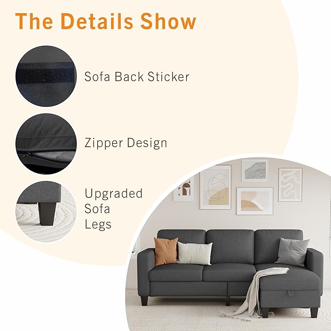 Sectional Sofa and Couches for Living Room, 78'' Dark Grey 3 Seat L-Shaped Couch with Movable Ottoman, Comfy Fabric Convertible Sectionals Sofas with Chaise for Apartment, Office, Small Space