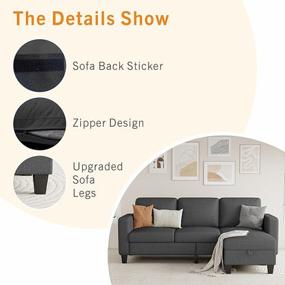Sectional Sofa and Couches for Living Room, 78'' Dark Grey 3 Seat L-Shaped Couch with Movable Ottoman, Comfy Fabric Convertible Sectionals Sofas with Chaise for Apartment, Office, Small Space