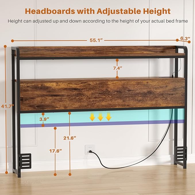 Aheaplus Headboard for Full Size Bed Frame, Headboards with Outlets, USB Ports and LED Light, Head Board with Storage, Height Adjustable, Sturdy and Stable Headboard, Full Size, Rustic Brown