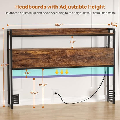 Aheaplus Headboard for Full Size Bed Frame, Headboards with Outlets, USB Ports and LED Light, Head Board with Storage, Height Adjustable, Sturdy and Stable Headboard, Full Size, Rustic Brown
