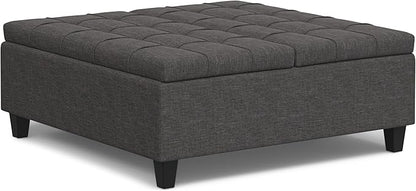 SIMPLIHOME Harrison Large Coffee Table Storage Ottoman - 40 inch Wide Upholstered Linen Look Fabric Square Lift-Top Ottoman in Slate Grey, Transitional Bench for Living Room with Sturdy Base