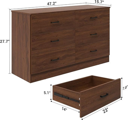 Bigbiglife Wood Dresser for Bedroom, 6 Drawer Double Dresser, Mid Century Modern Chest of Drawers with Deep Drawers, Large Storage Organizer for Living Room, Closet(Walnut Brown)