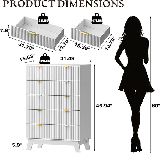 46" Tall Dresser for Bedroom, 6-Drawer Fluted Chest of Drawers, Modern Wood Highboy with Deep Storage, Metal Slides and Handles, Anti-Tip Kit, Vertical Clothes Organizer for Apartment, Nursery