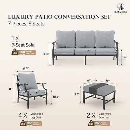 HERA'S HOUSE 7 Piece Patio Furniture Set, 4 x Metal Cushioned Chair, 2 x Cushioned Ottoman, 1 x 3-Seat Sofa, Outdoor Conversation Set for Lawn Garden Backyard, Grey