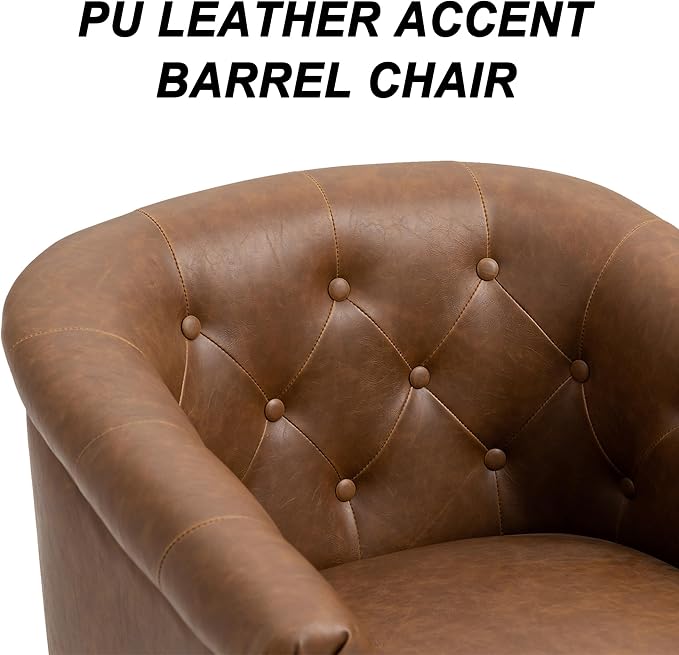 Pia Ricco Faux Leather Barrel Accent Chair, Comfy Club Armchair with Solid Wood Legs, Nailhead Trim Upholstered Single Sofa Chair for Living Room Bedroom/Reading Room, Tan, Set of 2