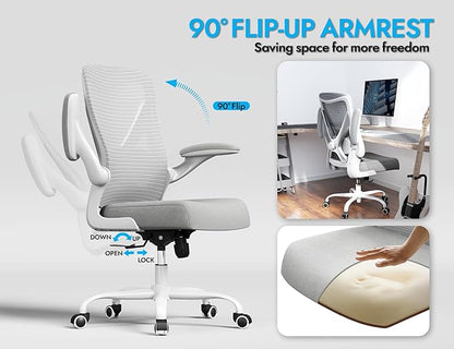 Office Chair Ergonomic Desk Chair Comfy: 330LBS Mesh Computer Chair Ergonomic Gaming Chairs with Wheels Adjustable Lumbar Support and Flip up Armrest-Swivel Executive Chairs Long Hours (Silver)