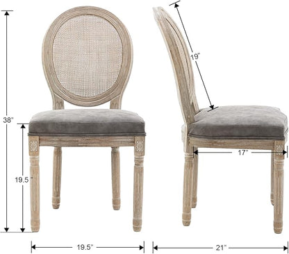 Farmhouse Leather Dining Room Chairs Set of 6 French Dining Chairs with Round Rattan Back French Bistro Chairs for Dining Room/Living Room/Kitchen/Restaurant, Grey
