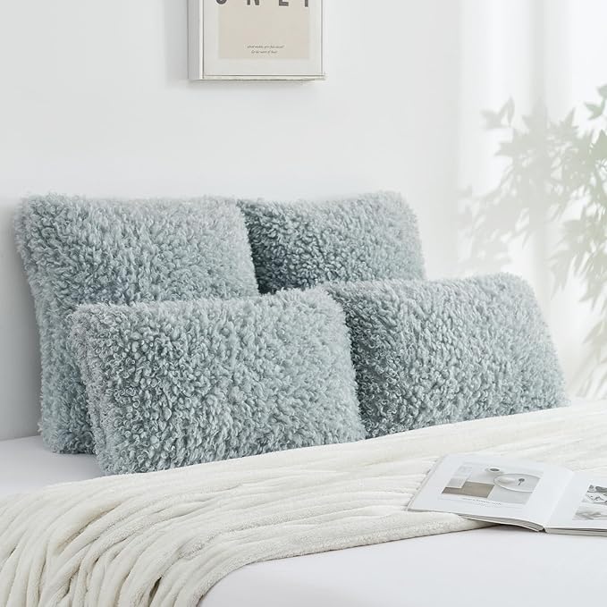 FUTEI Light Blue Decorative Throw Pillow Covers 26x26 Inch Set of 2,Soft Fluffy Faux Wool Fur Boucle Textured Euro Pillow Shams,Modern Home Decor for Couch Bed Living Room Office