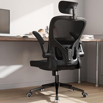 Monhey Office Chair Ergonomic Desk Chair with Lumbar Support&Headrest&Flip-up Arms Height Adjustable Rocking Swivel High Back Computer Chair Black Mesh Study Chair (03All Black)
