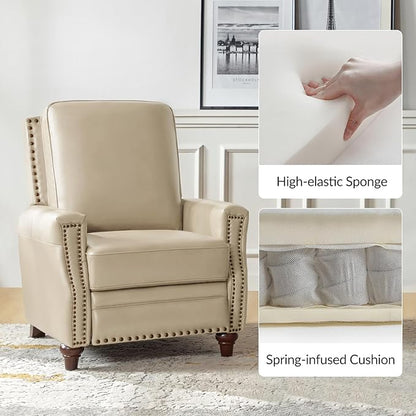 HULALA HOME Genuine Leather Recliner Chair Set of 2, Push Back Recliner Armchair with Thick Seat and Backrest, Comfy Adjustable Home Theater Single Recliner w/Nailhead Decor for Living Room(Beige)