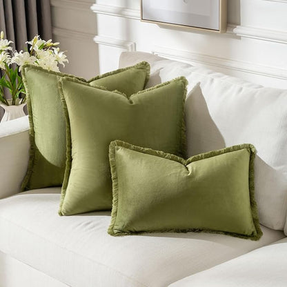 FUTEI Sage Green Velvet Decorative Throw Pillow Covers 20x20 Set of 2,Soft Cozy Edge with Tassels Cushion Case,Boho Modern Home Decor for Couch Bed Living Room