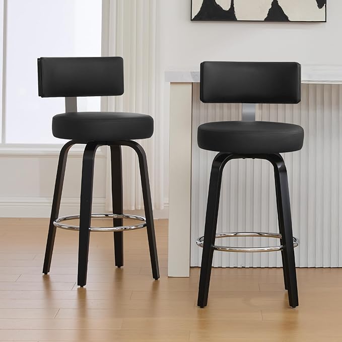 Swivel Counter Height Bar Stools Set of 2, 26" Upholstered Faux Leather Barstools with Back, Mid Century Modern Counter Stools with Black Walnut Wood Legs for Kitchen Island, Black