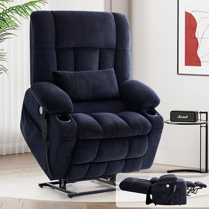 Power Lift Recliner Chair for Adults Oversized Infinite Position Lift Chair for Elderly W/Massage & Heat, Lay Flat Recliner Chair, One-Touch Reset, Cup Holders, Lumbar Pillow, Fabric (Premium, Navy)