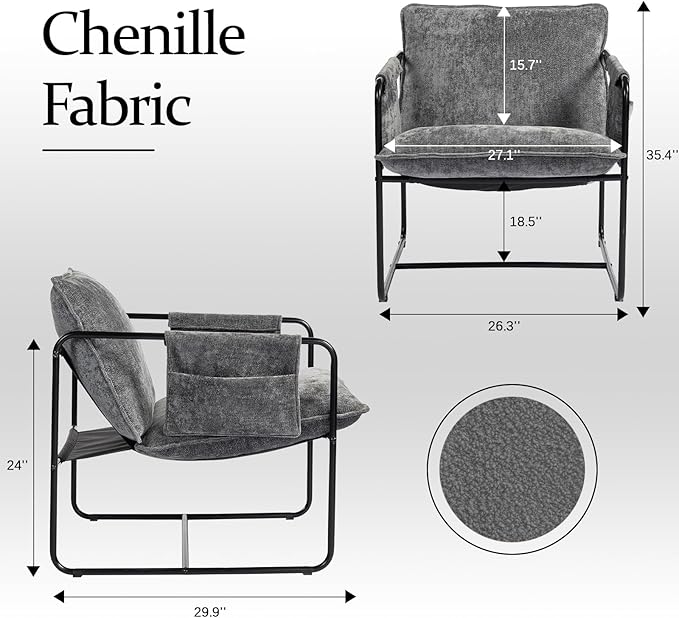 Modern Accent Chair Comfortable Living Room Chairs with Armrests, Bedroom Reading Chair, Chenille Upholstered Lounge Metal Chair