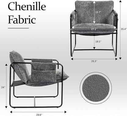 Modern Accent Chair Comfortable Living Room Chairs with Armrests, Bedroom Reading Chair, Chenille Upholstered Lounge Metal Chair