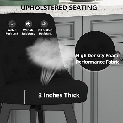 MINCETA Set of 2 Upholstered Bar Stools - 26 Inch Swivel Counter Height Stools with Low Tufted Back, Footrest & Performance Fabric - Round Seat for Kitchen Island & Home Bar Black