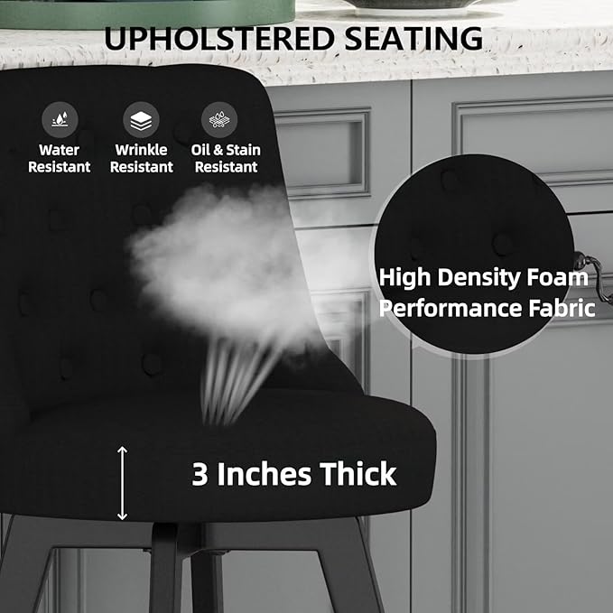MINCETA Set of 4 Upholstered Bar Stools - 26 Inch Swivel Counter Height Stools with Low Tufted Back, Footrest & Performance Fabric - Round Seat for Kitchen Island & Home Bar Black