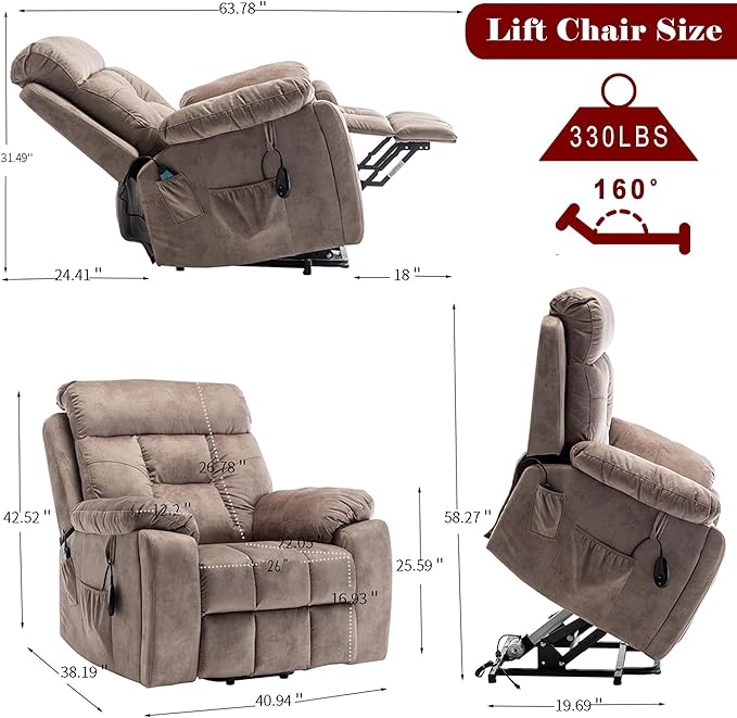 Power Lift Recliner Chair with Massage and Heating Functions,Velvet Sofa with 2 Remote Controls and Two Cup Holders,Recline up to 160 Degrees,Suitable for Living Room