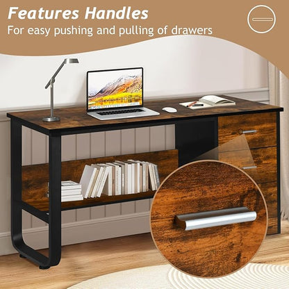 Small Desk with 3 Drawers, 47 Inch Computer Desk with Drawers & Bottom Shelves for Bedroom, Home Office Desk with Storage File Cabinet for Small Spaces, Writing and Work, Black and Brown