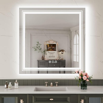 WTTY LED Bathroom Mirror 36"x36" with Backlit and Front Light,Stepless Dimmable LED Mirror for Bathroom,Anti-Fog Lighted Bathroom Vanity Mirror Modern,Memory Function,Shatter-Proof