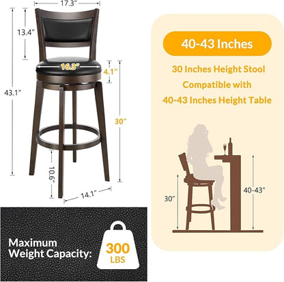 PrimeZone Swivel Bar Stools Set of 4, 30 Inch Bar Height Barstools, Black Faux Leather Bar Stool with High Backrest & Solid Wood Legs & Wrap-Around Footrest, Counter Stools for Kitchen Island, Pub