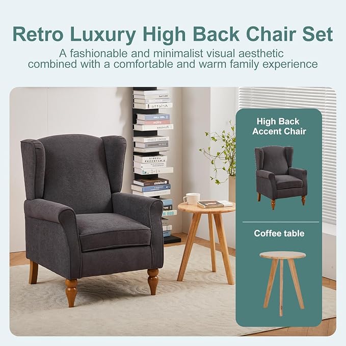 ZMAD Accent Chair, Upholstered High Back Floral Armchair Wood Legs, Comfy Wingback Reading Single Sofa Chair,Plus a Solid Wood Coffee Table for Small Spaces, Living Room, Bedroom (Antique Dark Grey)