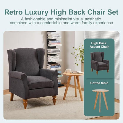 ZMAD Accent Chair, Upholstered High Back Floral Armchair Wood Legs, Comfy Wingback Reading Single Sofa Chair,Plus a Solid Wood Coffee Table for Small Spaces, Living Room, Bedroom (Antique Dark Grey)