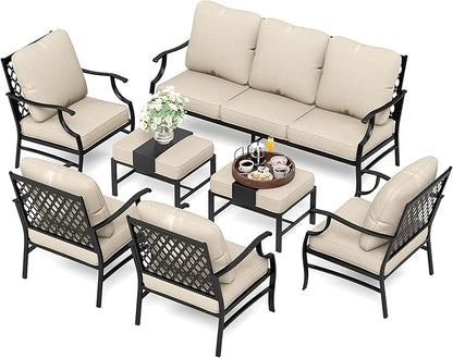 HERA'S HOUSE 7 Piece Patio Furniture Set, 4 x Fixed Metal Cushioned Chair, 2 x Cushioned Ottoman, 1 x 3-Seat Sofa, Outdoor Conversation Set for Lawn Garden Backyard Poolside