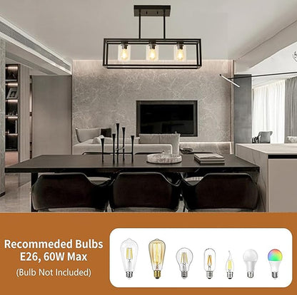 Farmhouse Dining Room Light Fixture Kitchen Island Pendant Lighting Rectangle Black Dining Room Lighting Fixture Modern Pendant Contemporary Chandeliers with Glass Shade Adjustable
