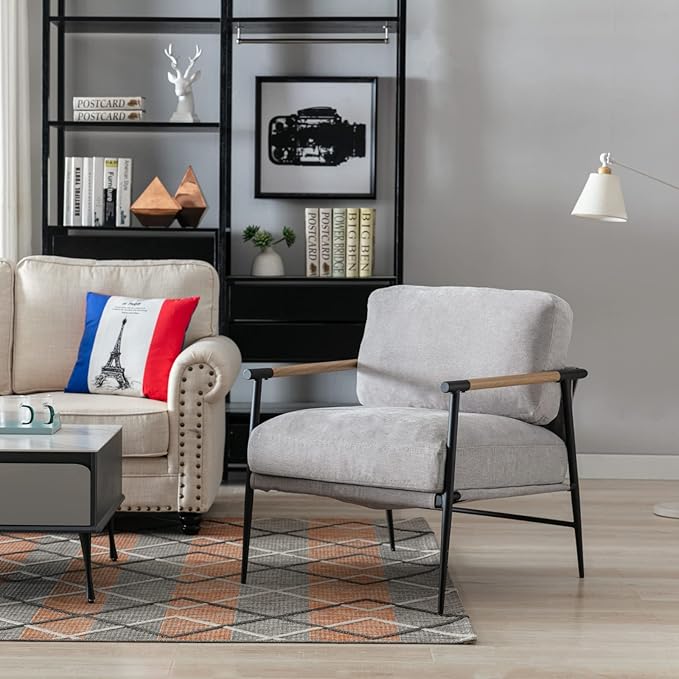 Mid-Century Accent Chair Set of 2, Soft Armchair Chenille Fabric Lounge Chair with Black Metal Legs, Upholstered Leisure Chair for Living Room Bedroom Reception Room, Grey
