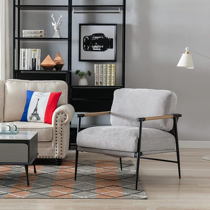 Mid-Century Accent Chair, Soft Armchair Chenille Fabric Lounge Chair with Black Metal Legs, Upholstered Leisure Chair for Living Room Bedroom Reception Room, 1PC, Grey
