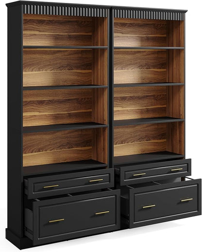 LITTLE TREE 72" Tall Black Bookcase, 5-Tier Office Bookself with File Cabinet Drawers,Modern Floor Standing Storage Filing Cabinet Book Shelf for Living Room,Bedroom