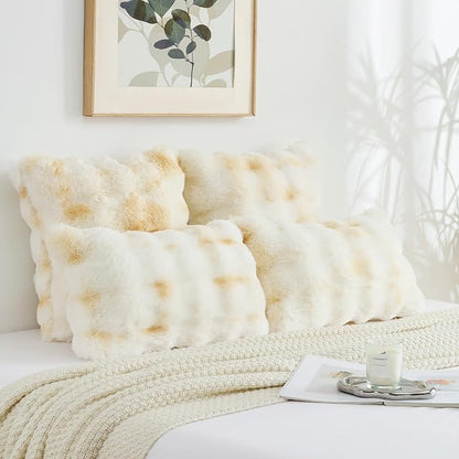 FUTEI Yellow White Decorative Throw Pillow Covers 12x20 Inch Set of 2,Soft Fuzzy Faux Rabbit Fur Pillow Case with Raised Texture,Neutral Boho Home Decor for Couch Bed Living Room