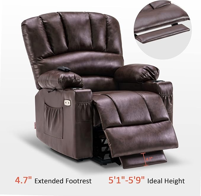 MCombo Power Lift Recliner Chair for Elderly, Lift Chair with Heat and Massage, USB &Type C Ports, Cup Holders, Faux Leather 7095 (Medium, Dark Brown)