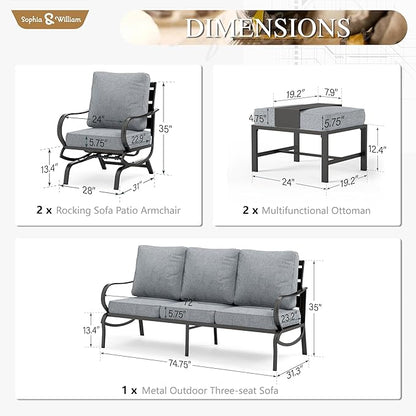 Sophia & William Patio Furniture Sets 5 Seats Outdoor Metal Conversation Sets 5 Pcs with 2 x Cushioned Swivel Sofa Chairs,1 x 3-Seat Sofa,2 x Ottomans for Coffee Lawn Backyard Poolside Grey