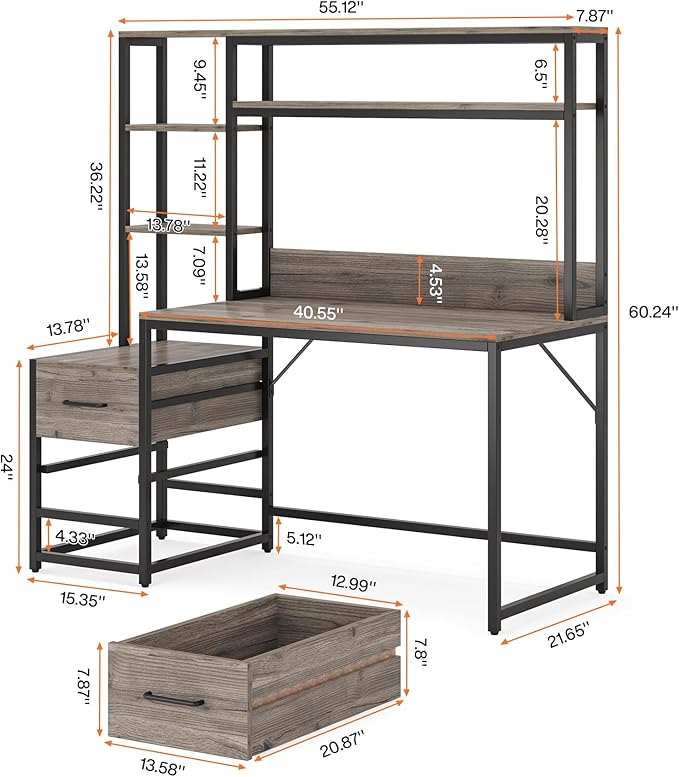 Tribesigns 55 Inch Computer Desk with 2 Drawers and Storage Shelves, Rustic Office Desk with Hutch, Study Writing Gaming Table Laptop Workstation for Home Office (Grey)
