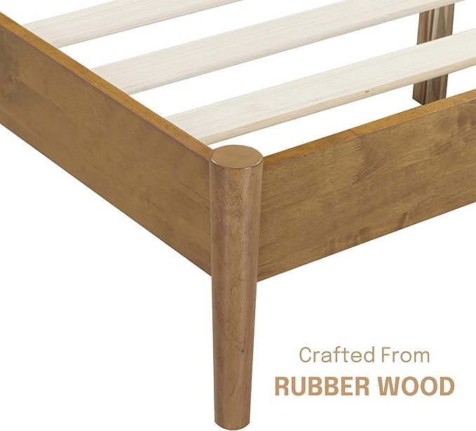 NTC Inno Wooden Bed Frame with Headboard, Solid Oak and Rubber Wood Foundation with Silent Slats and Wood Central Supports, 1000 Lb Capacity, Effortless Assembly, King - Teak Look